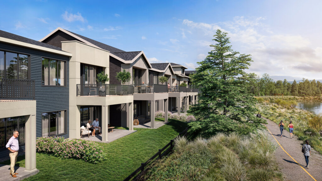 Juniper Ridge Villas exterior view with resident patios, private green space, and adjacent paved path featuring runners and walkers