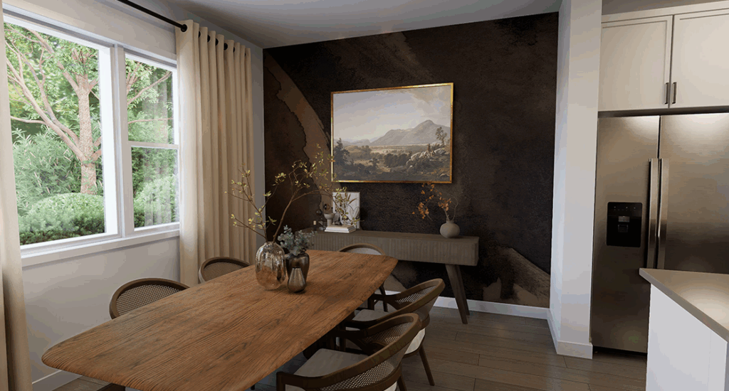 Aurora interior dining room with bright natural light and wood dining table