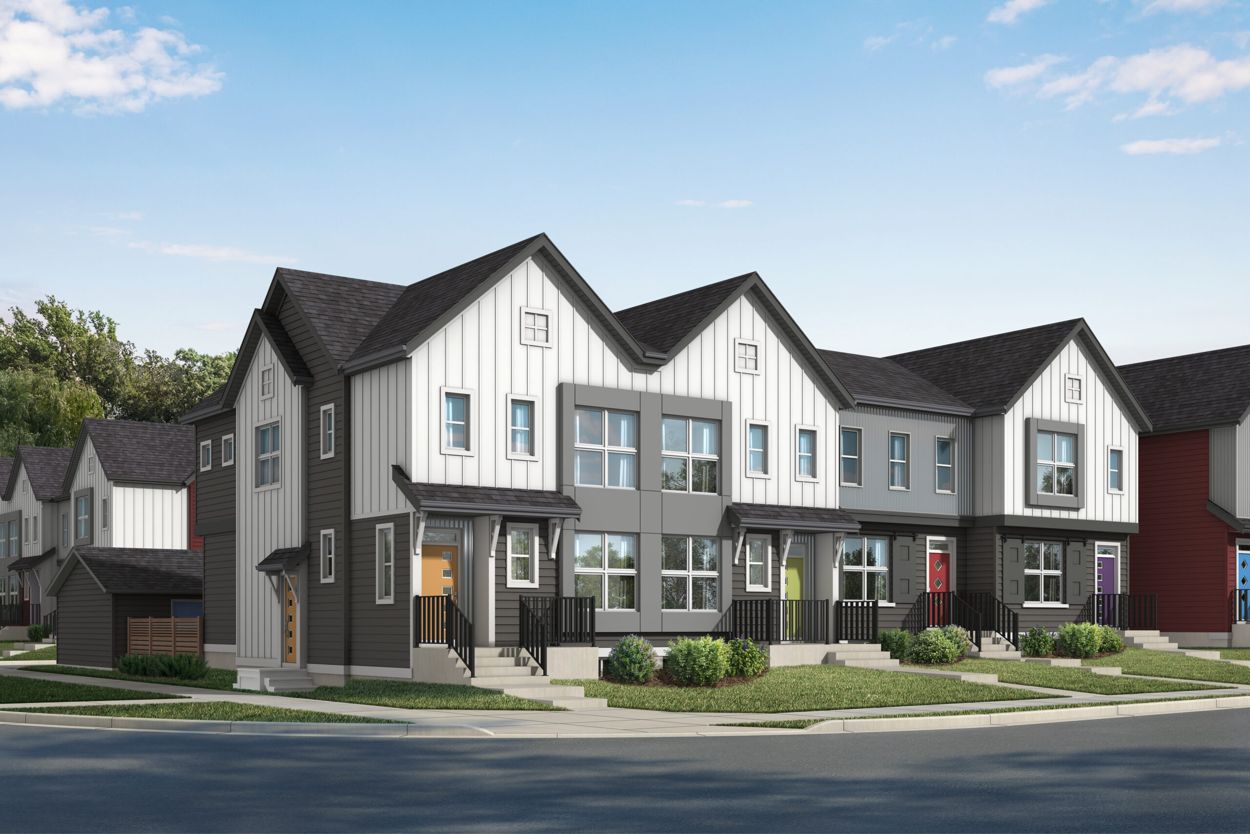 Row of Aurora street towns with different coloured doors