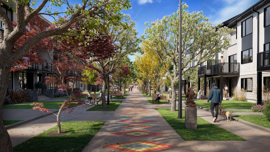 Rendering of a wide pedestrian path with colourful motifs and framed by  townhomes on both sides. People are seen walking their dog, reading a book on a bench, and resting with their bicycles.