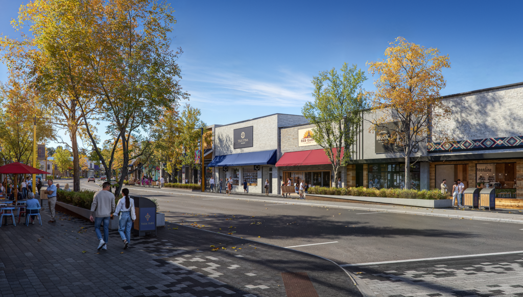 Rendering of Retail Main Street with shops, patios and trees and people walking and gathering on both sides.