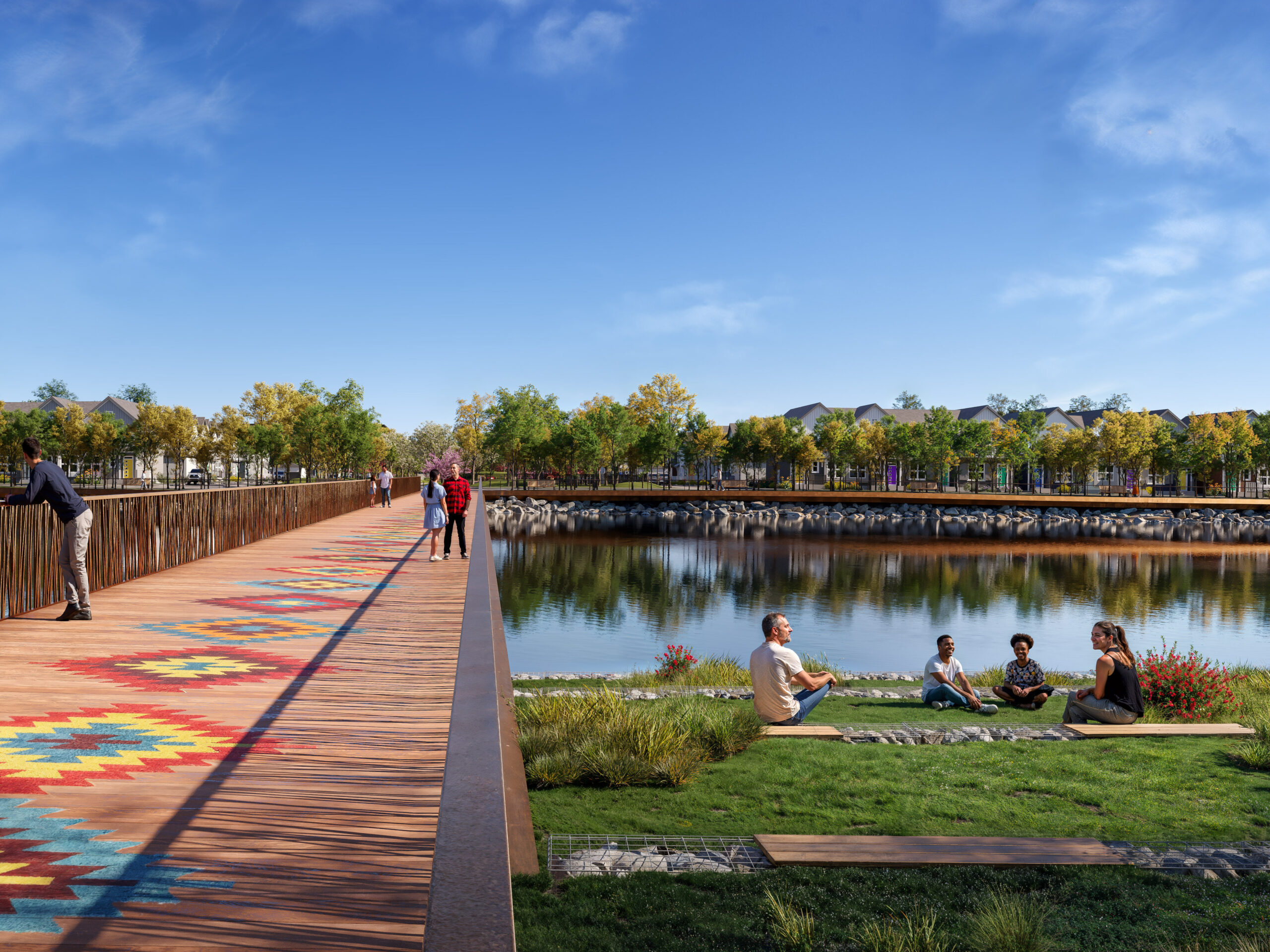 Rendering of a pedestrian bridge over a natural pond with people sitting at the waters edge on green grass