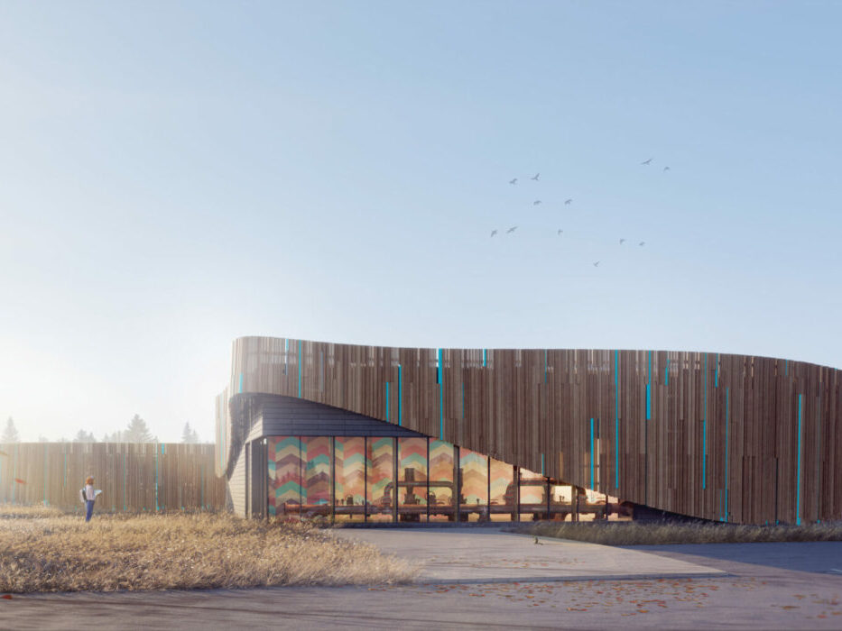 rendering of a water reservoir with floor to ceiling windows and framed by rows of natural wood