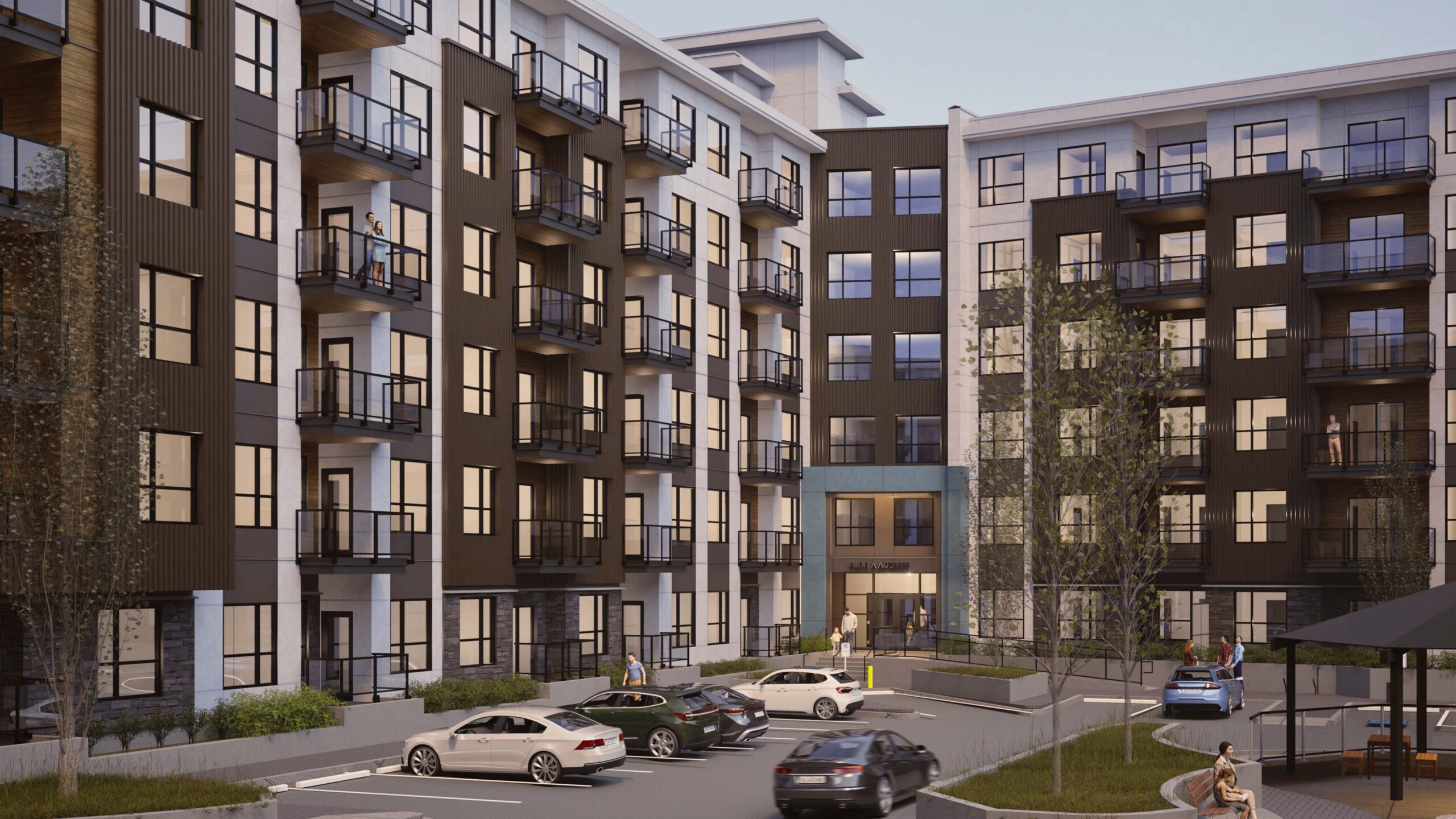Exterior rendering of Black Birch Heights by Crystal Creek Homes, a multi-storey residential building featuring modern balconies, warm wood-toned cladding, and an active streetscape with pedestrians and cyclists.