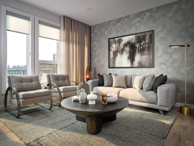 Contemporary kitchen with clean finishes and bright cabinetry in the Geranium townhome by Brookfield Residential