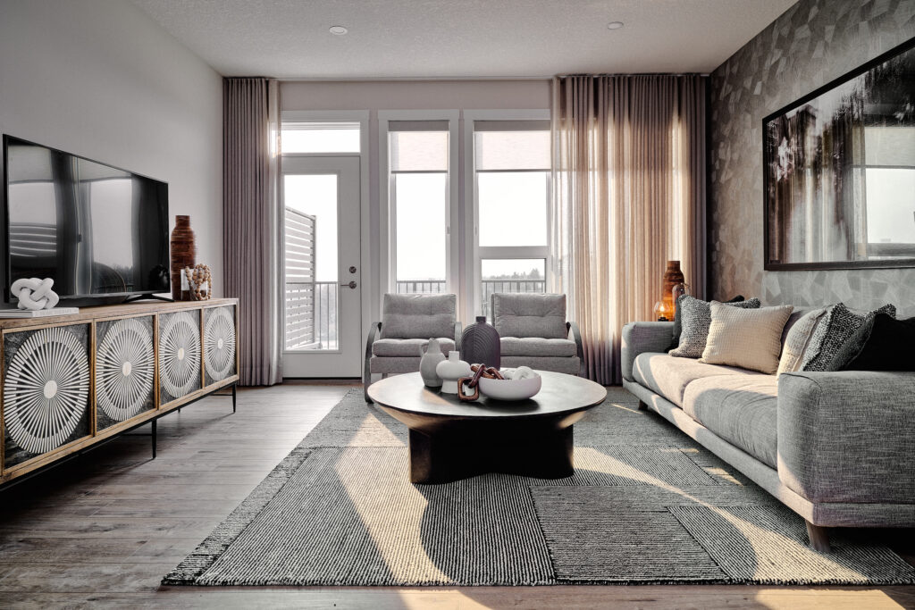 Light-filled open-concept living area inside the Geranium showhome at Rhythm, Taza Park