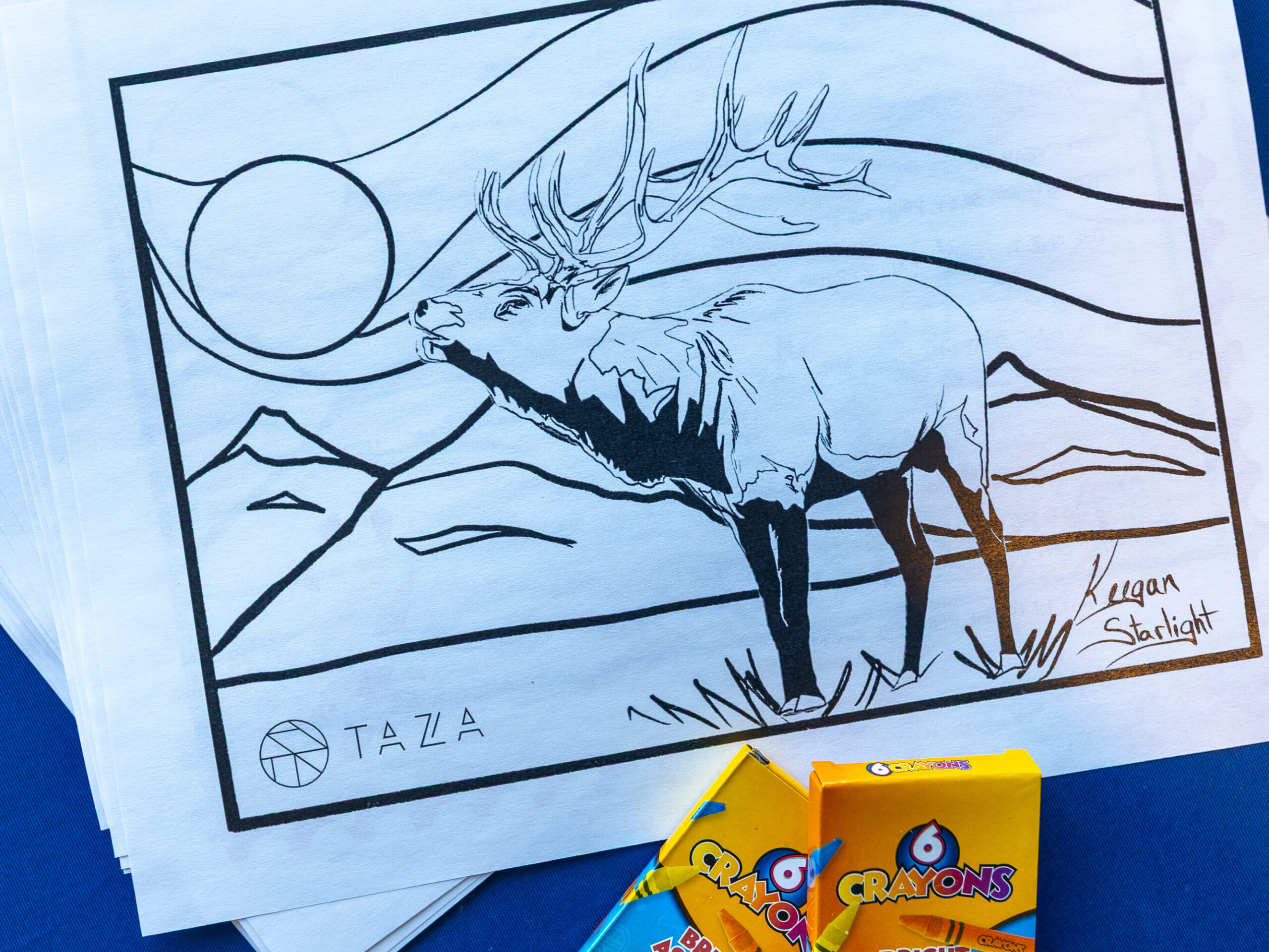 Blank colouring page featuring an elk and mountains, drawn and signed by artist Keegan Starlight.