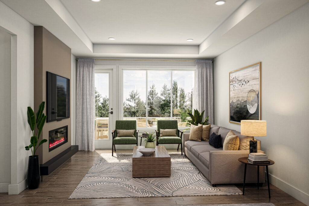 The Sage floor plan at Juniper Ridge Villas features an open living space with a fireplace and floor to ceiling windows with landscape views.