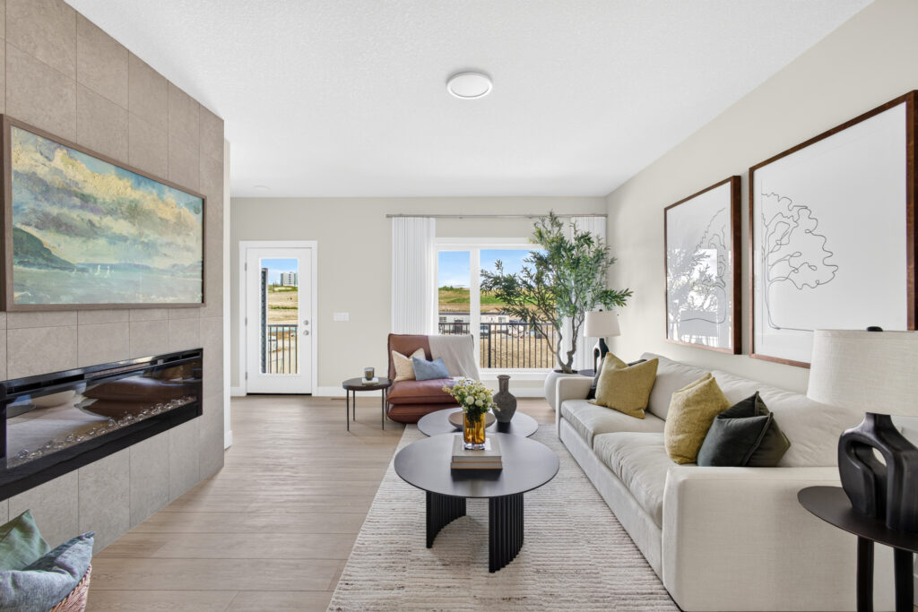 Gaillardia Showhome living room interior with window overlooking Taza Park.