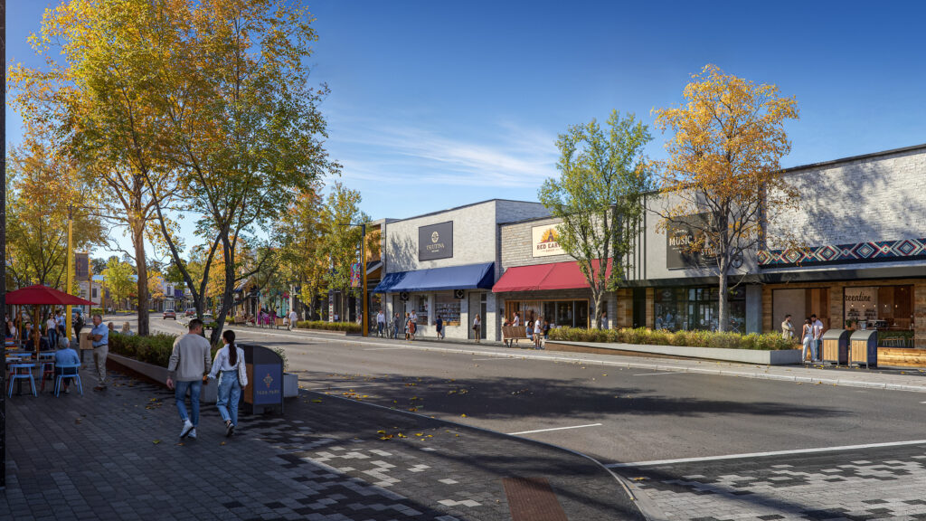 Rendering of Taza Park’s walkable Retail Main Street, located on Tsuut’ina Parkway