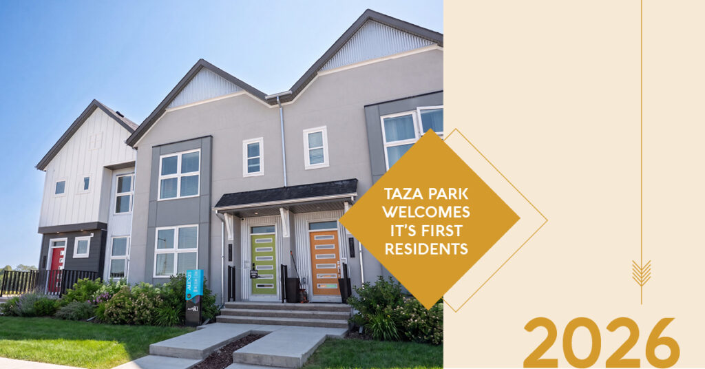 Exterior of Aurora townhomes in Taza Park, now welcoming residents home.