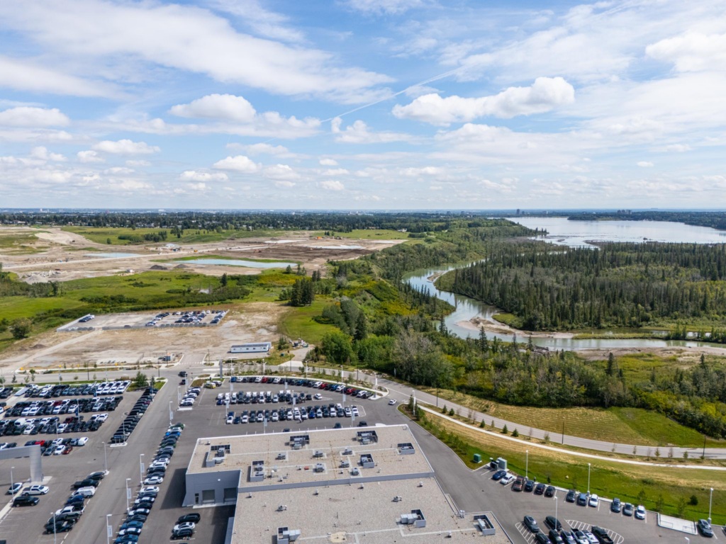 Aerial shot of Taza Park nestled next to Weaslehead Flats