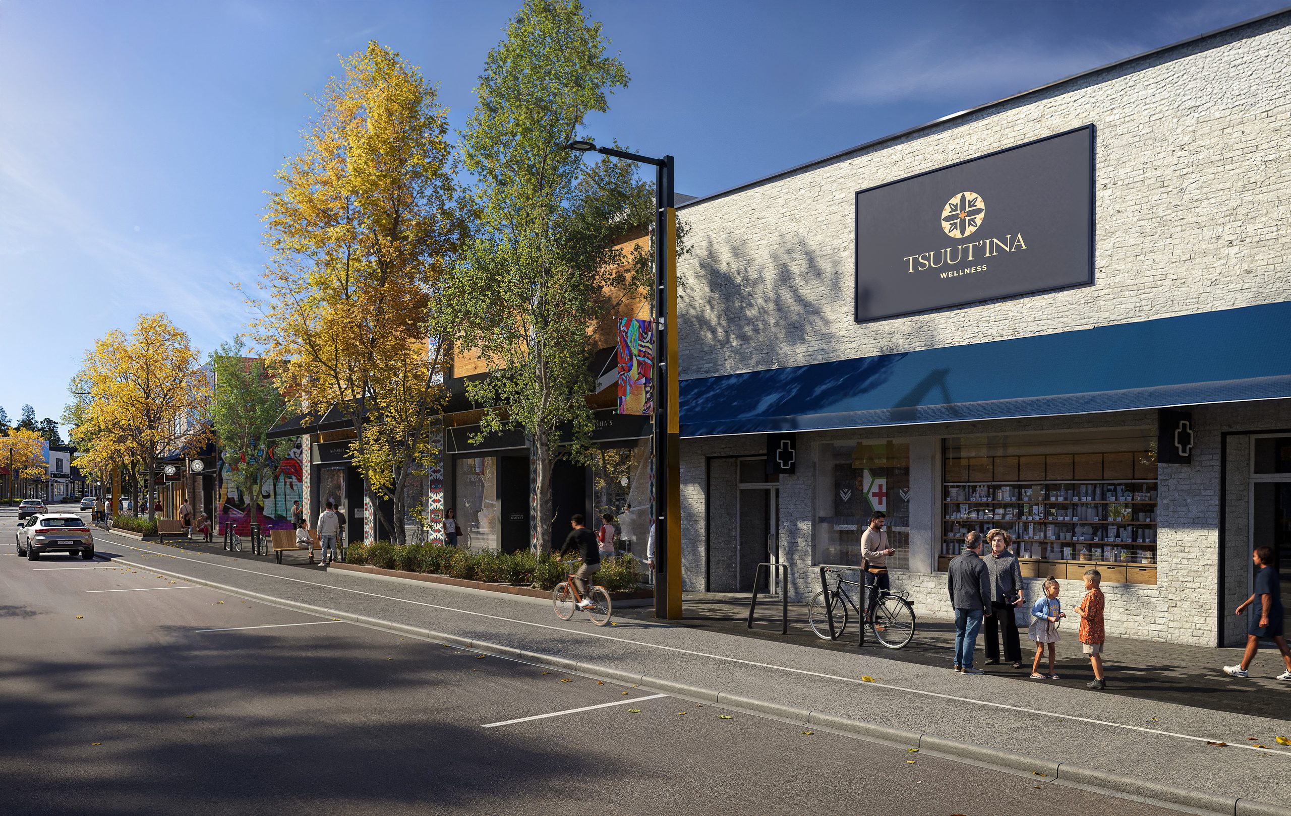 Rendering of Retail Main Street featuring storefronts and people gathered on the wide sidewalk.
